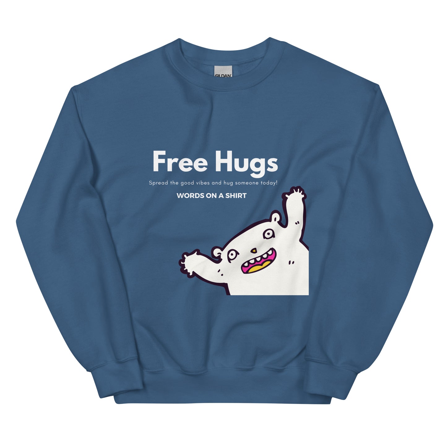 A beefy-warm, pre-shrunk sweatshirt that'll keep y'all cosy on chillier days. Classic fit, spun with air-jet yarn for a velvety-smooth feel, with nary a pilling in sight. Get your free hugs here!
