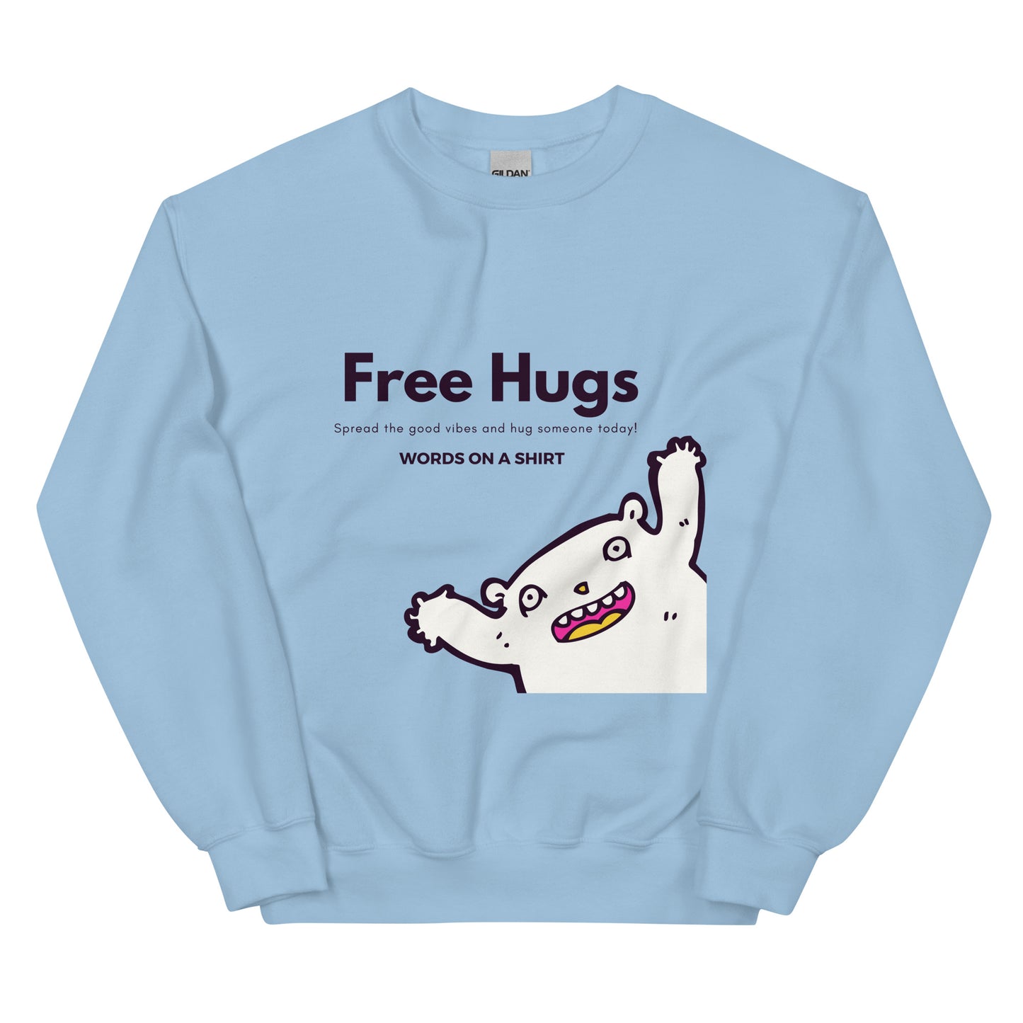 A beefy-warm, pre-shrunk sweatshirt that'll keep y'all cosy on chillier days. Classic fit, spun with air-jet yarn for a velvety-smooth feel, with nary a pilling in sight. Get your free hugs here!