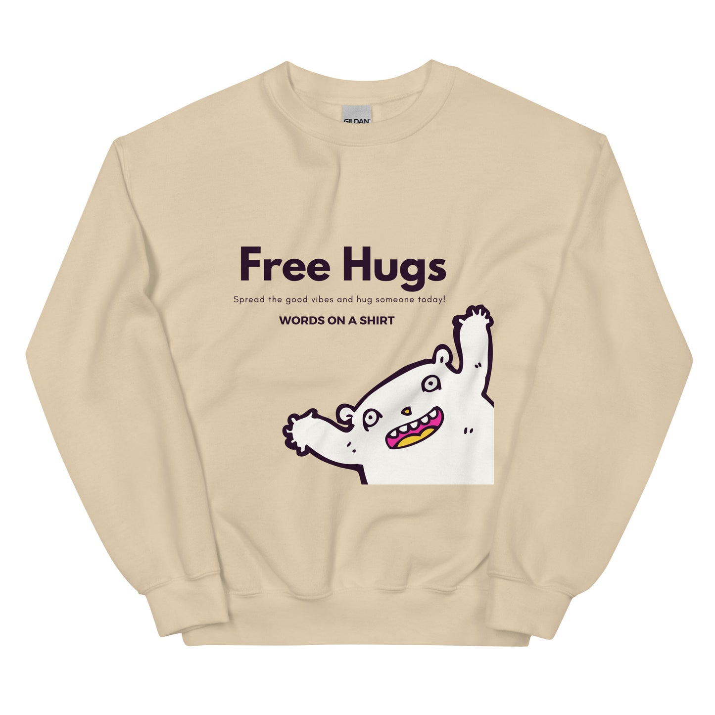 A beefy-warm, pre-shrunk sweatshirt that'll keep y'all cosy on chillier days. Classic fit, spun with air-jet yarn for a velvety-smooth feel, with nary a pilling in sight. Get your free hugs here!