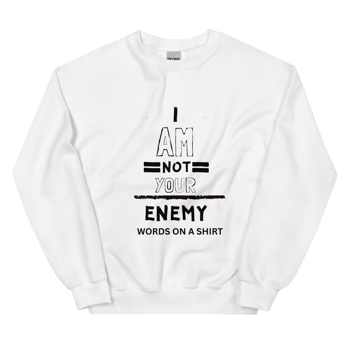 Keep snug and warm throughout the chilly season with this sturdy and cozy sweatshirt. Crafted with air-jet spun yarn for a plush feel and reduced pilling, this preshrunk sweatshirt boasts a timeless fit that's both snug and stylish. Embrace the lighthearted unity of the I Am Not Your Enemy-Unisex Sweatshirt!
