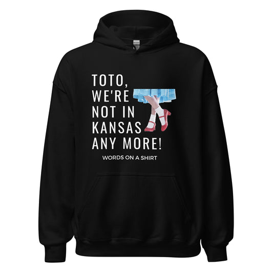 Get your hands on a cozy go-to hoodie that'll keep you comfortable and looking cool. Perfect for those chilly nights! Featuring the famous Wizard Of Oz quote, "Toto, We're Not In Kansas Anymore."