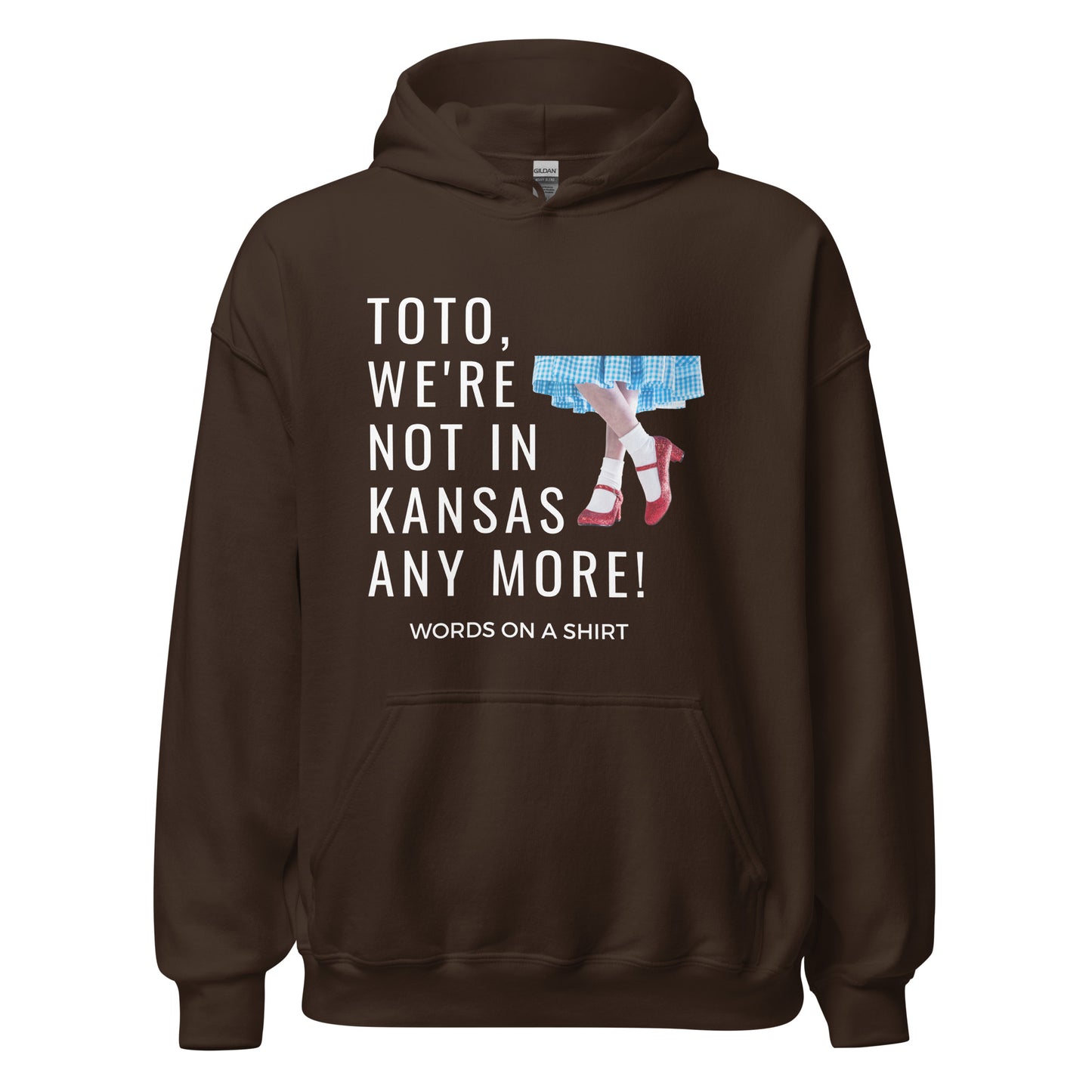 Get your hands on a cozy go-to hoodie that'll keep you comfortable and looking cool. Perfect for those chilly nights! Featuring the famous Wizard Of Oz quote, "Toto, We're Not In Kansas Anymore."