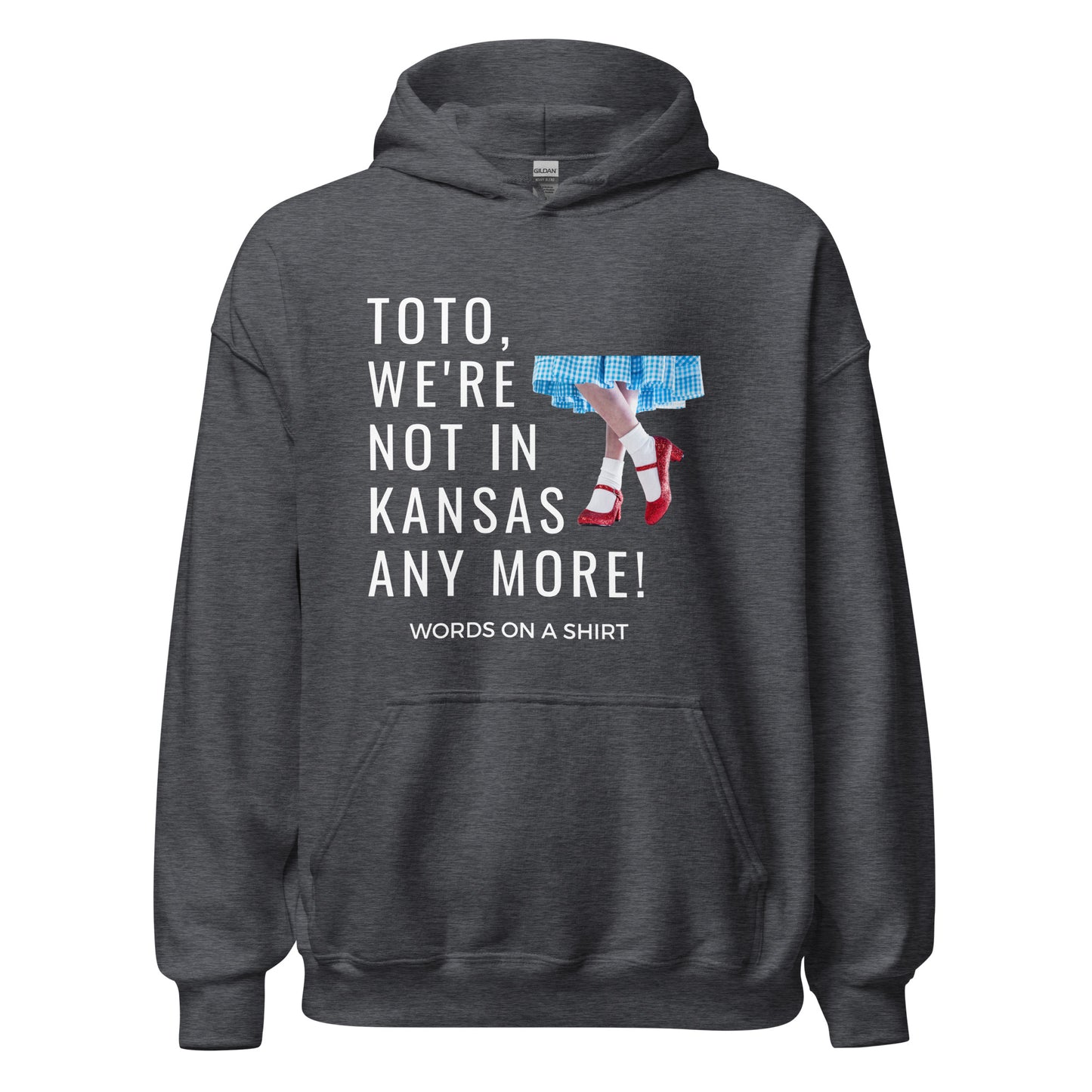 Get your hands on a cozy go-to hoodie that'll keep you comfortable and looking cool. Perfect for those chilly nights! Featuring the famous Wizard Of Oz quote, "Toto, We're Not In Kansas Anymore."