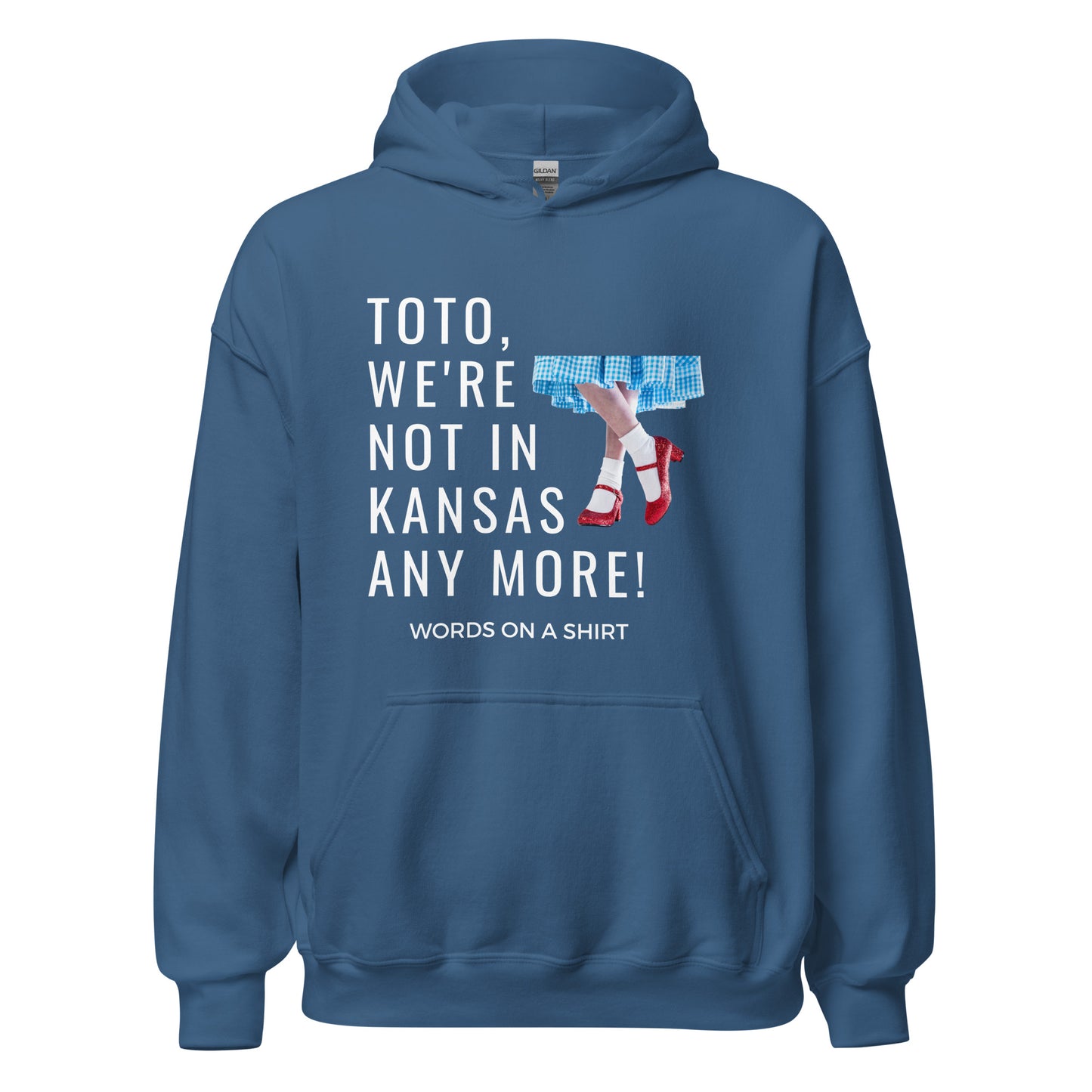 Get your hands on a cozy go-to hoodie that'll keep you comfortable and looking cool. Perfect for those chilly nights! Featuring the famous Wizard Of Oz quote, "Toto, We're Not In Kansas Anymore."