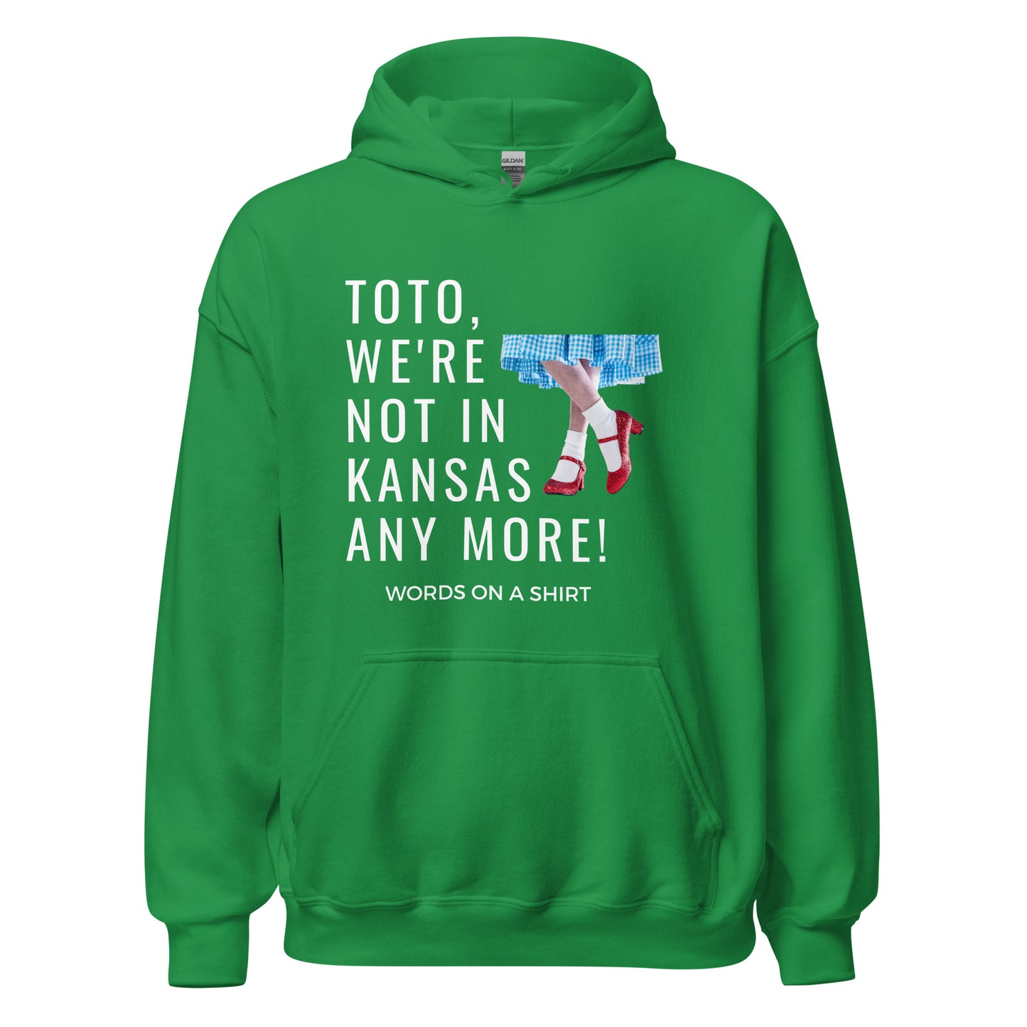 Get your hands on a cozy go-to hoodie that'll keep you comfortable and looking cool. Perfect for those chilly nights! Featuring the famous Wizard Of Oz quote, "Toto, We're Not In Kansas Anymore."