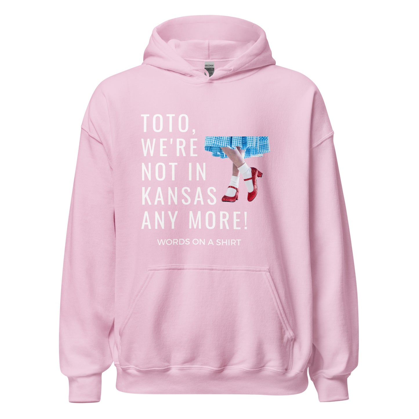 Get your hands on a cozy go-to hoodie that'll keep you comfortable and looking cool. Perfect for those chilly nights! Featuring the famous Wizard Of Oz quote, "Toto, We're Not In Kansas Anymore."