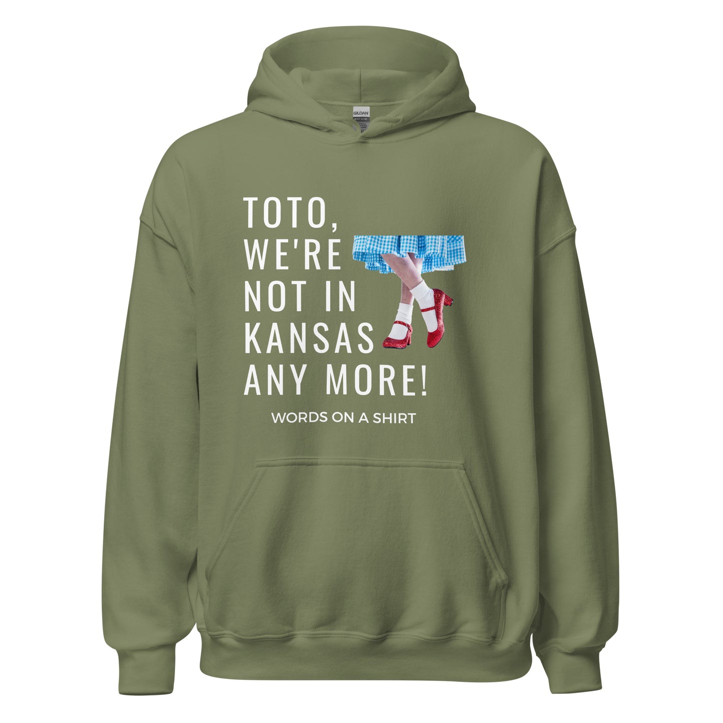Get your hands on a cozy go-to hoodie that'll keep you comfortable and looking cool. Perfect for those chilly nights! Featuring the famous Wizard Of Oz quote, "Toto, We're Not In Kansas Anymore."