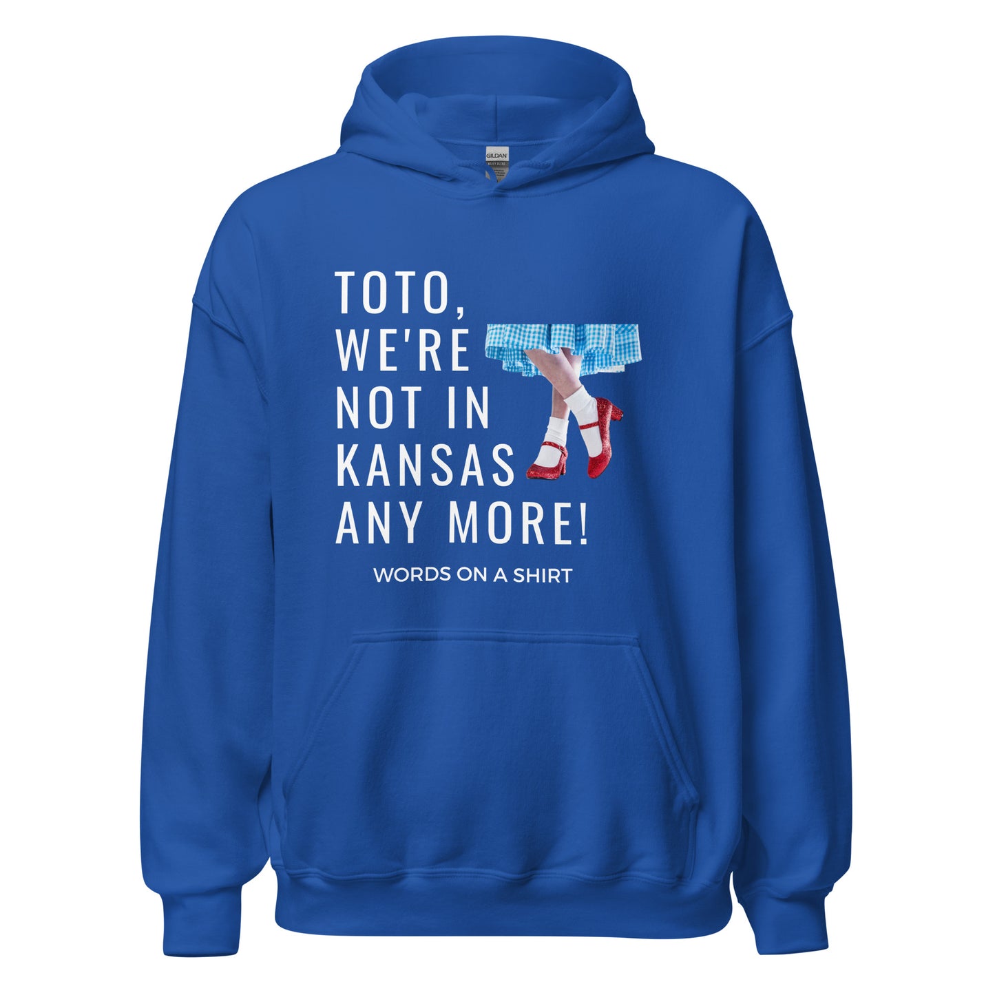 Get your hands on a cozy go-to hoodie that'll keep you comfortable and looking cool. Perfect for those chilly nights! Featuring the famous Wizard Of Oz quote, "Toto, We're Not In Kansas Anymore."
