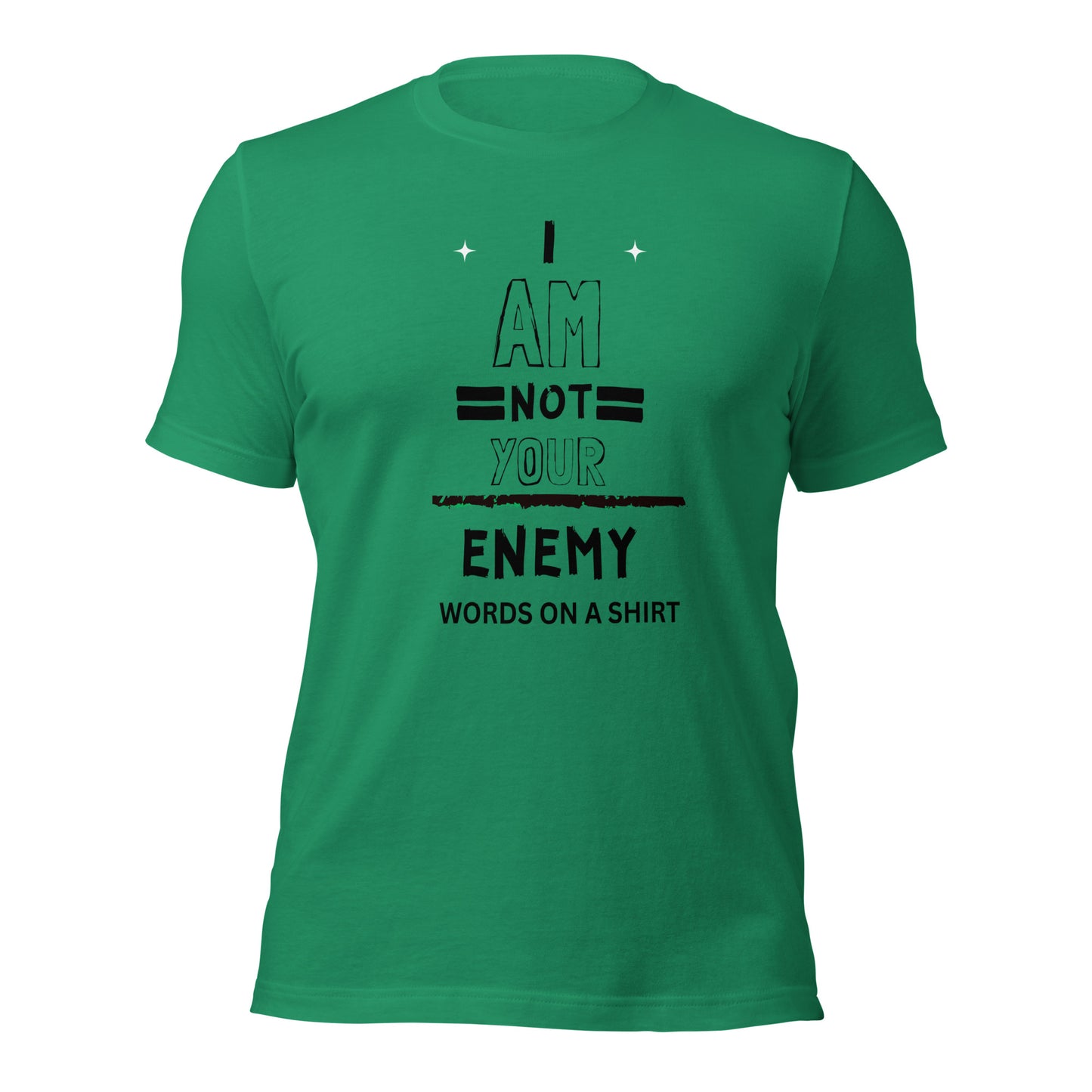 Don't fall for the same old t-shirts, this one stands out from the rest. Its exceptional comfort, breathability, and ideal stretch make it truly unique. And as a bonus, it boldly states: I Am Not Your Enemy. Need I say more?