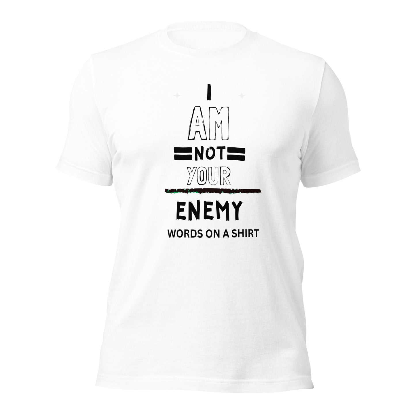 Don't fall for the same old t-shirts, this one stands out from the rest. Its exceptional comfort, breathability, and ideal stretch make it truly unique. And as a bonus, it boldly states: I Am Not Your Enemy. Need I say more?