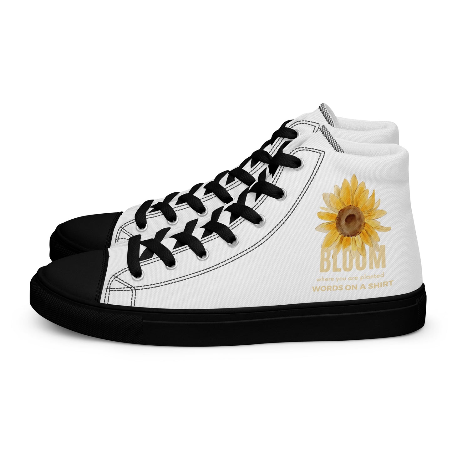 Pamper your toes with these cool high-top canvas kicks - a must-have for any wardrobe. Plus, they're the perfect way to embrace the Bloom Where You Planted sneaker from Words On A Shirt!