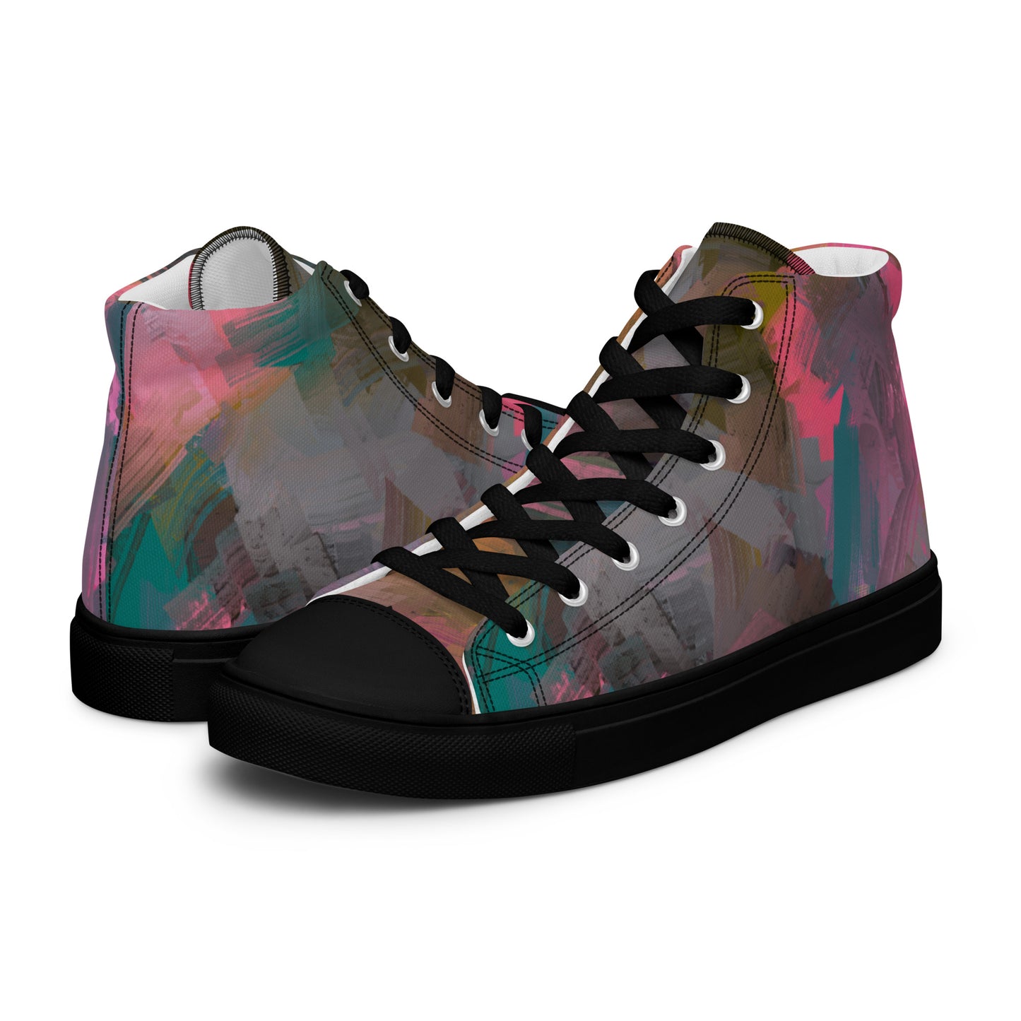 Take care of your feet with these stylish high-top canvas shoes! They'll be a perfect addition to your wardrobe, featuring a fun Pink and Teal Abstract design by Words On Shirt.