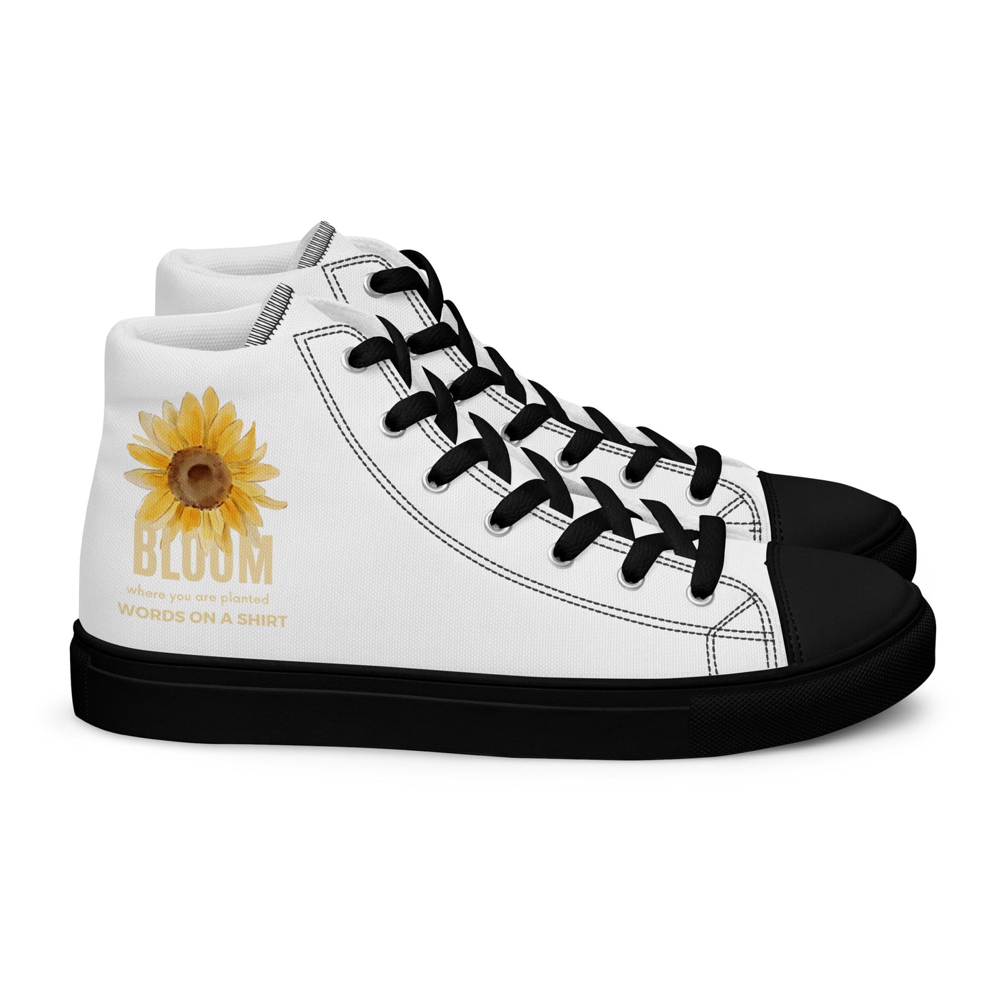 Pamper your toes with these cool high-top canvas kicks - a must-have for any wardrobe. Plus, they're the perfect way to embrace the Bloom Where You Planted sneaker from Words On A Shirt!