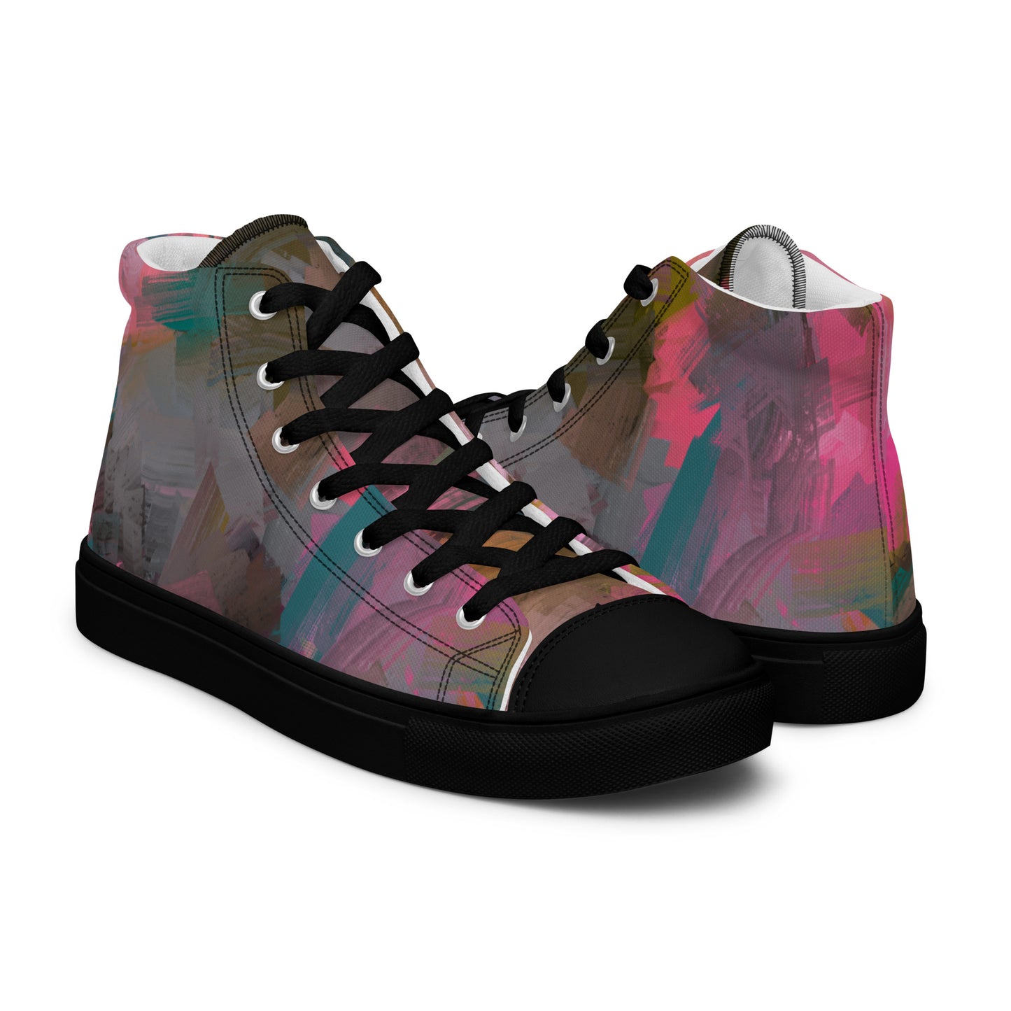 Take care of your feet with these stylish high-top canvas shoes! They'll be a perfect addition to your wardrobe, featuring a fun Pink and Teal Abstract design by Words On Shirt.