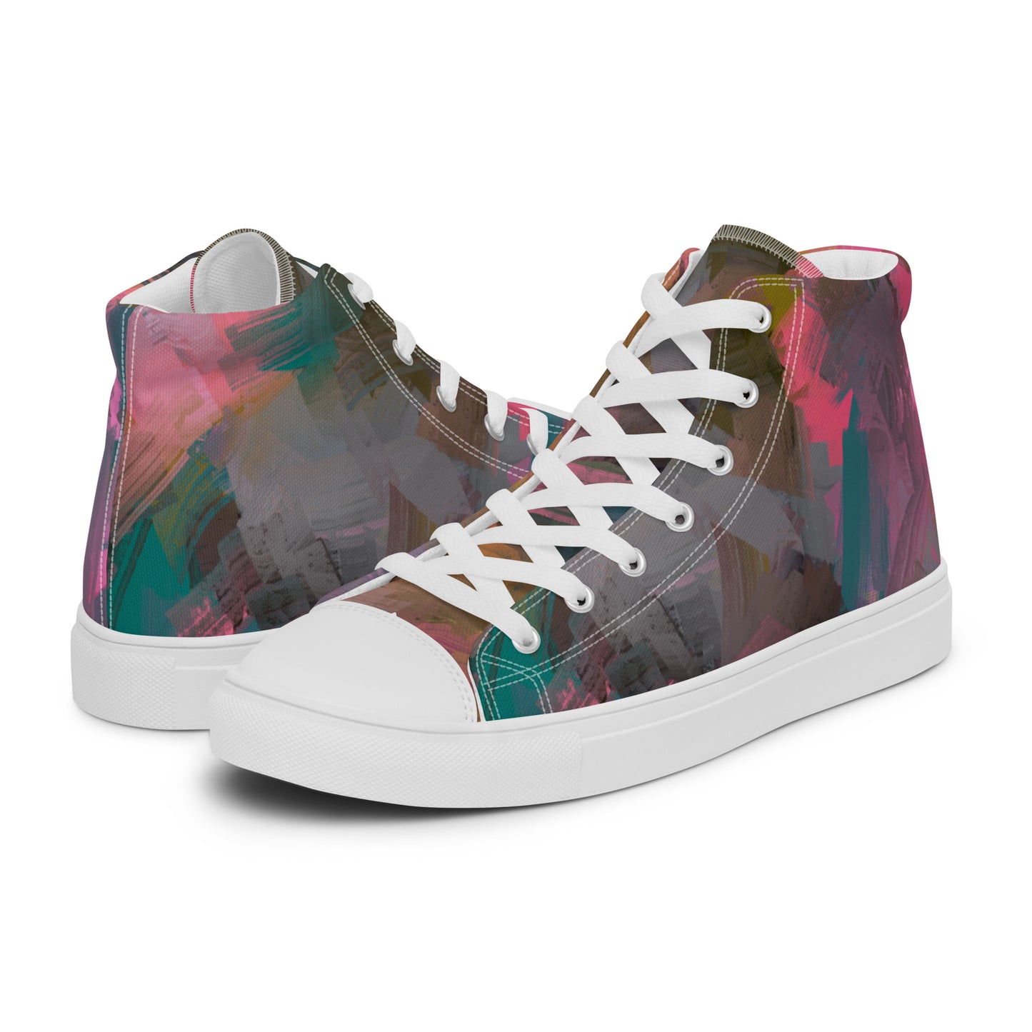 Take care of your feet with these stylish high-top canvas shoes! They'll be a perfect addition to your wardrobe, featuring a fun Pink and Teal Abstract design by Words On Shirt.