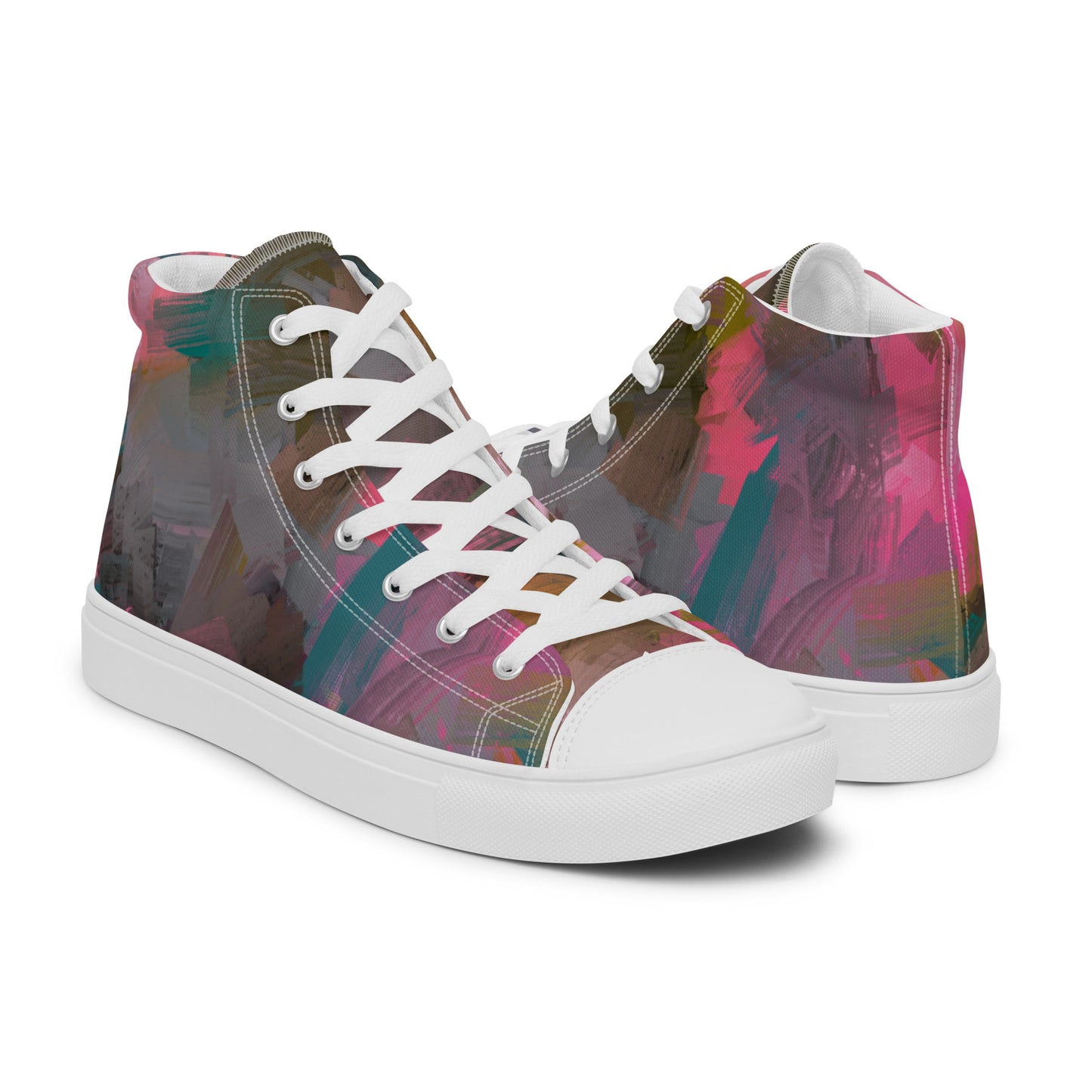 Take care of your feet with these stylish high-top canvas shoes! They'll be a perfect addition to your wardrobe, featuring a fun Pink and Teal Abstract design by Words On Shirt.