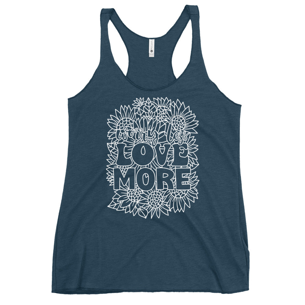 This racerback tank is designed for comfort, featuring a soft and lightweight fabric that hugs your body with a flattering cut and edgy raw edge seams. Embrace the message of Love More with every wear.