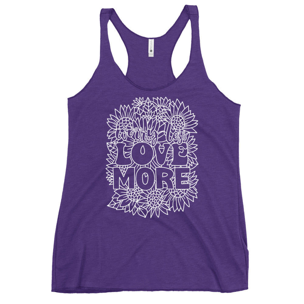 This racerback tank is designed for comfort, featuring a soft and lightweight fabric that hugs your body with a flattering cut and edgy raw edge seams. Embrace the message of Love More with every wear.
