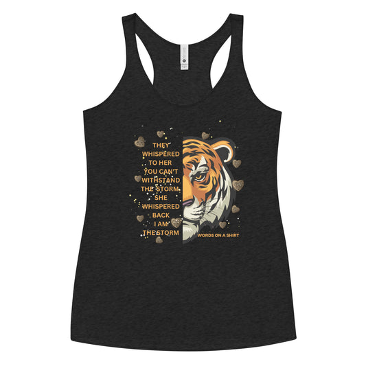 This racerback tank is soft, lightweight, and form-fitting with a flattering cut and raw edge seaThis racerback tank is oh so comfy, light and slimming, with a sleek cut and edgy raw edges. Watch out, I'm a storm!