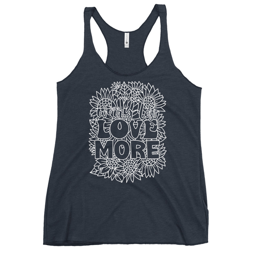 This racerback tank is designed for comfort, featuring a soft and lightweight fabric that hugs your body with a flattering cut and edgy raw edge seams. Embrace the message of Love More with every wear.