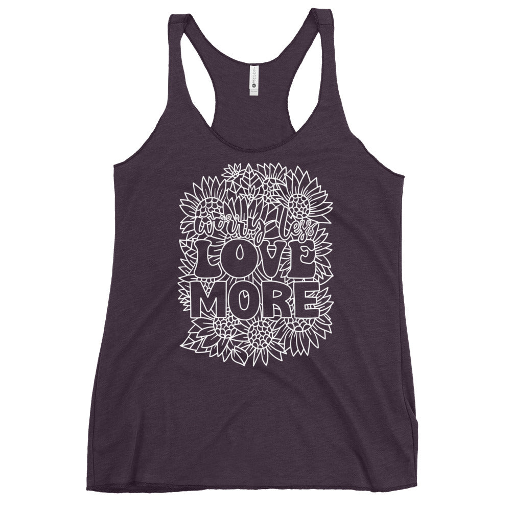 This racerback tank is designed for comfort, featuring a soft and lightweight fabric that hugs your body with a flattering cut and edgy raw edge seams. Embrace the message of Love More with every wear.