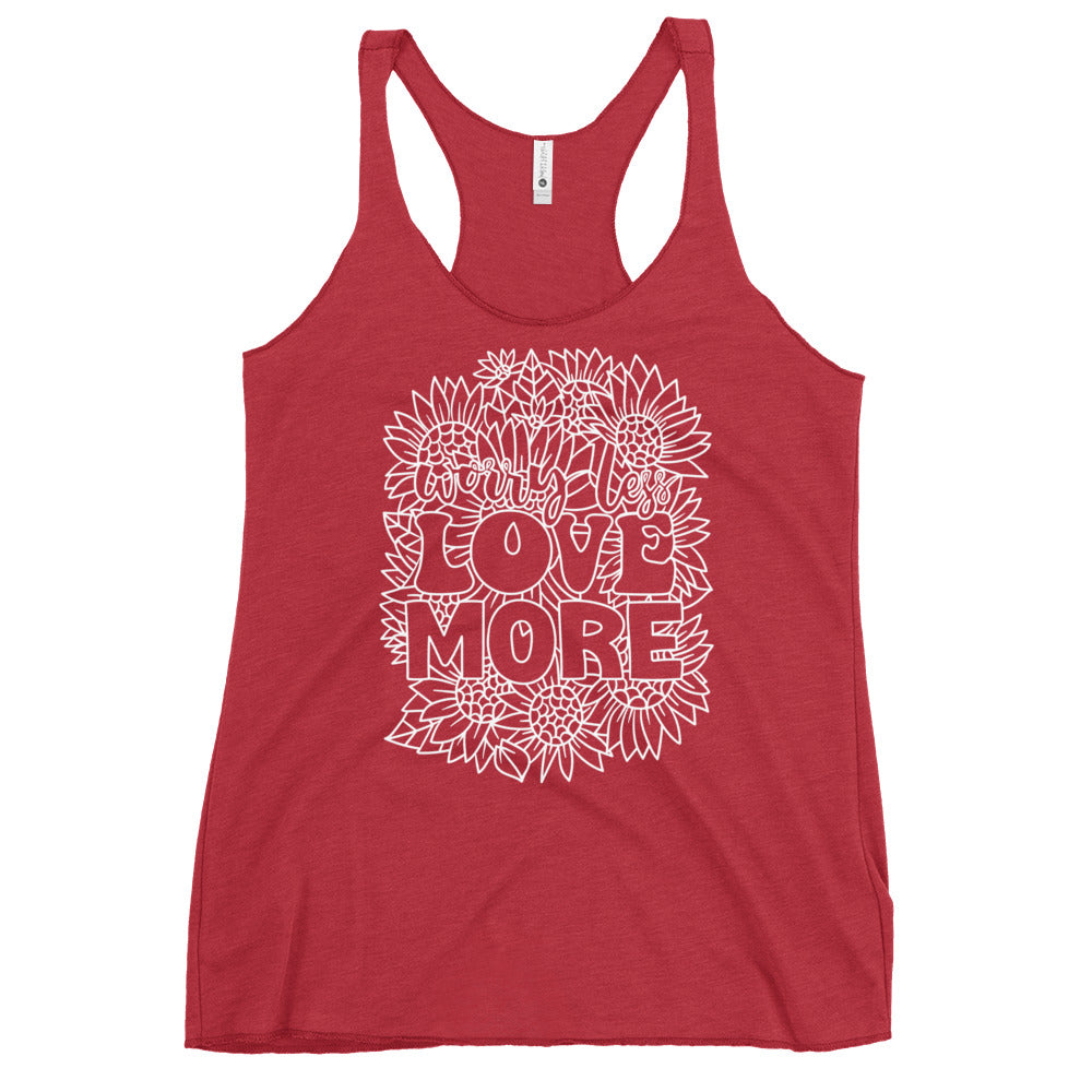 This racerback tank is designed for comfort, featuring a soft and lightweight fabric that hugs your body with a flattering cut and edgy raw edge seams. Embrace the message of Love More with every wear.