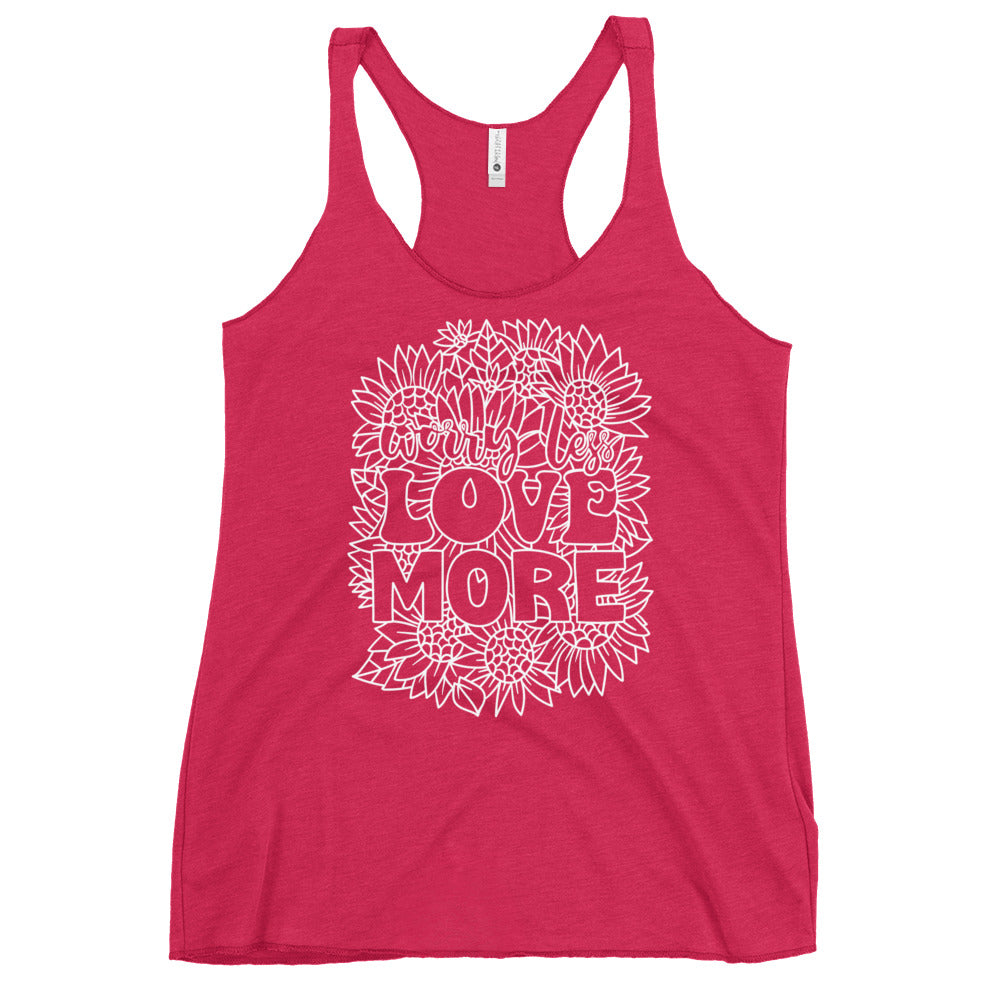 This racerback tank is designed for comfort, featuring a soft and lightweight fabric that hugs your body with a flattering cut and edgy raw edge seams. Embrace the message of Love More with every wear.