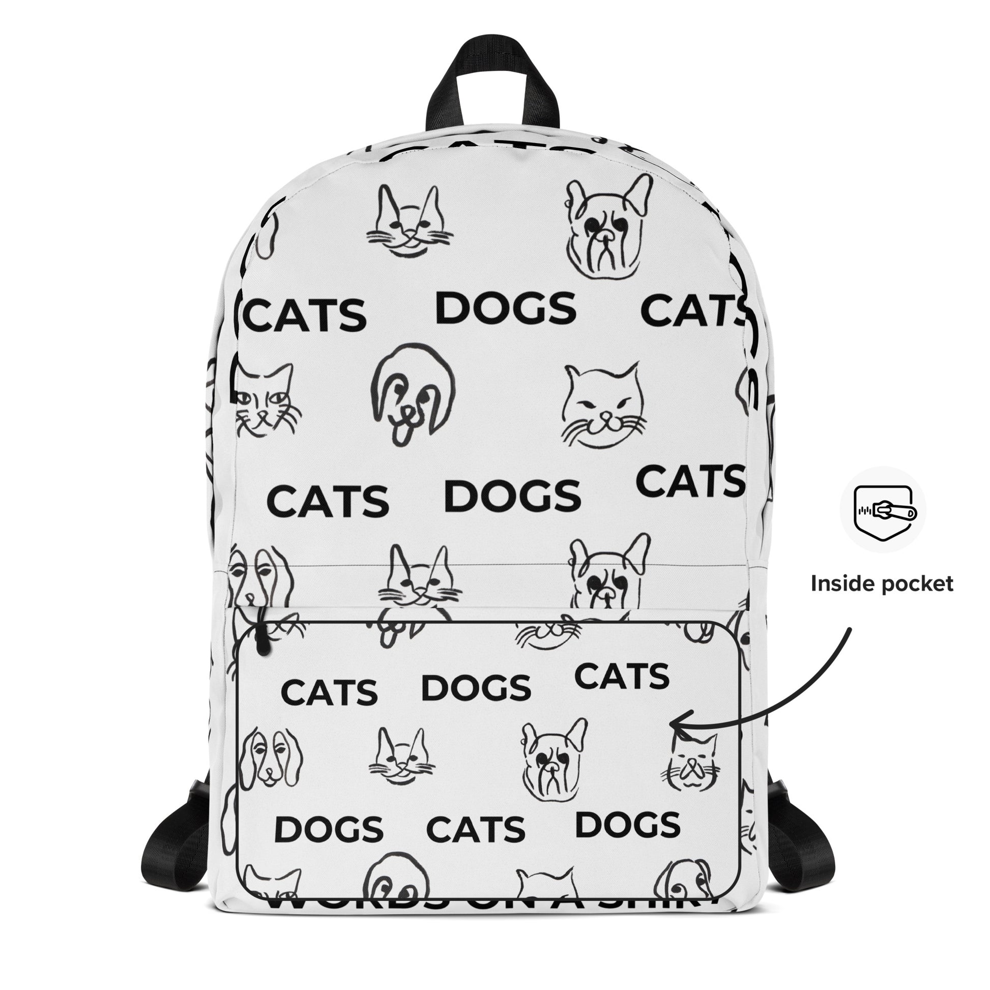 Get ready to tackle your day with this medium-sized backpack! Perfect for everyday use or sports, the multiple pockets (including one for your laptop) provide ample space for all your essentials. Plus, the water-resistant material will keep your belongings safe from the elements. Get your paws on the Backpack-Cat and Dog by Words On A Shirt now!