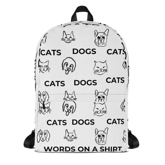 Get ready to tackle your day with this medium-sized backpack! Perfect for everyday use or sports, the multiple pockets (including one for your laptop) provide ample space for all your essentials. Plus, the water-resistant material will keep your belongings safe from the elements. Get your paws on the Backpack-Cat and Dog by Words On A Shirt now!