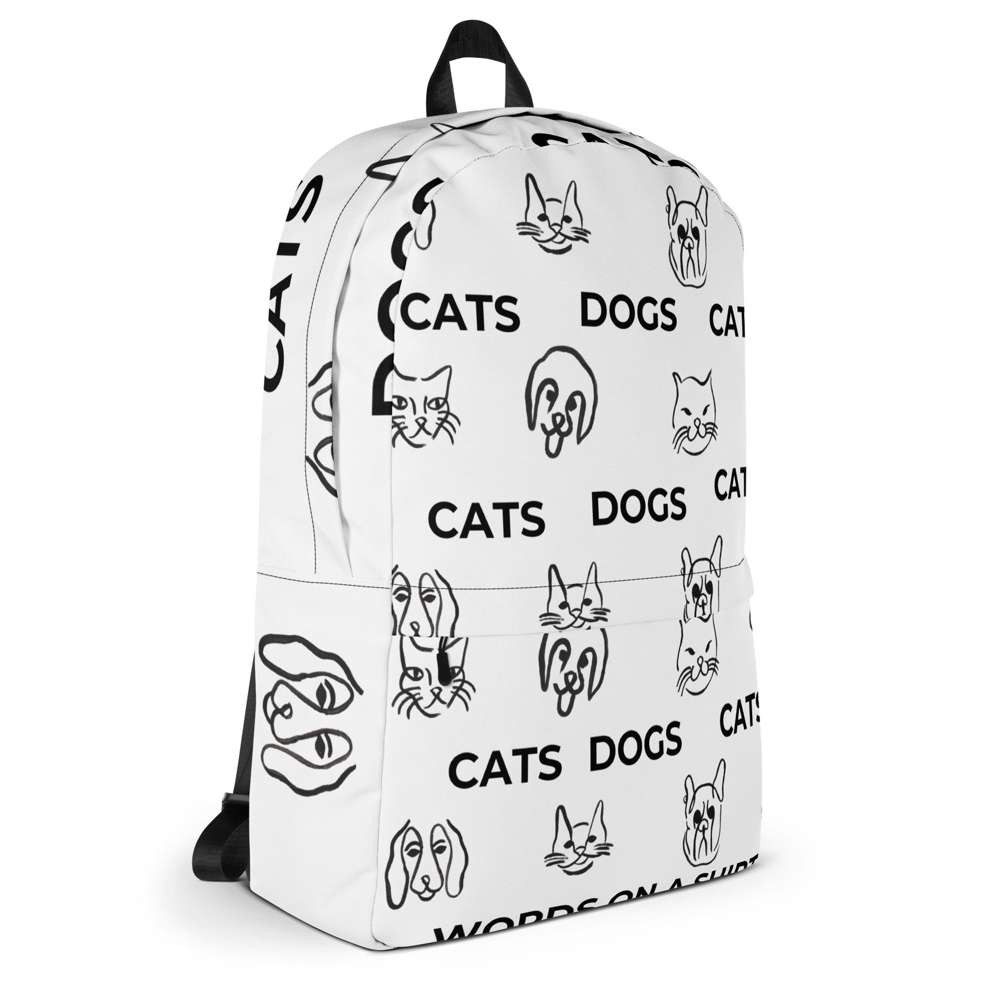 Get ready to tackle your day with this medium-sized backpack! Perfect for everyday use or sports, the multiple pockets (including one for your laptop) provide ample space for all your essentials. Plus, the water-resistant material will keep your belongings safe from the elements. Get your paws on the Backpack-Cat and Dog by Words On A Shirt now!