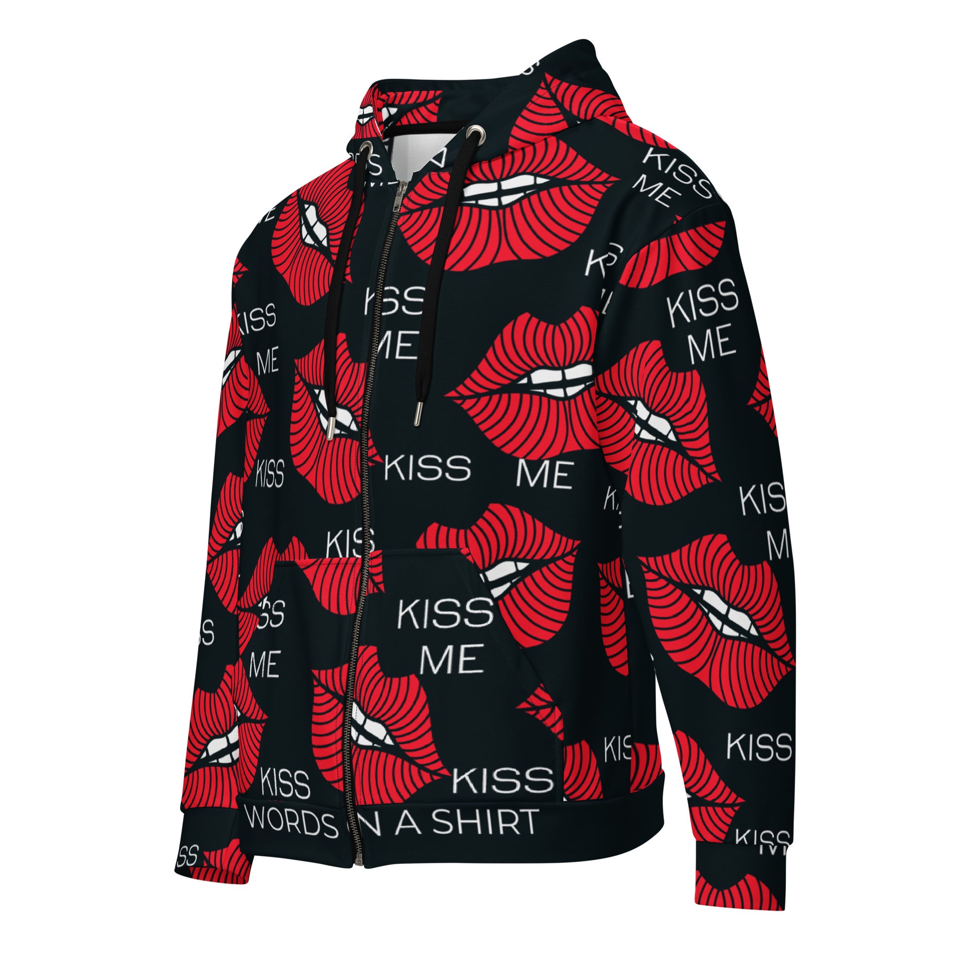 Keep cozy and environmentally friendly with this unisex zip-up hoodie! Crafted from sustainable fabrics, this hoodie boasts a comfy and chic design, featuring a roomy fit and sturdy construction. And let's not overlook the whimsical "Kiss Me" graphic!