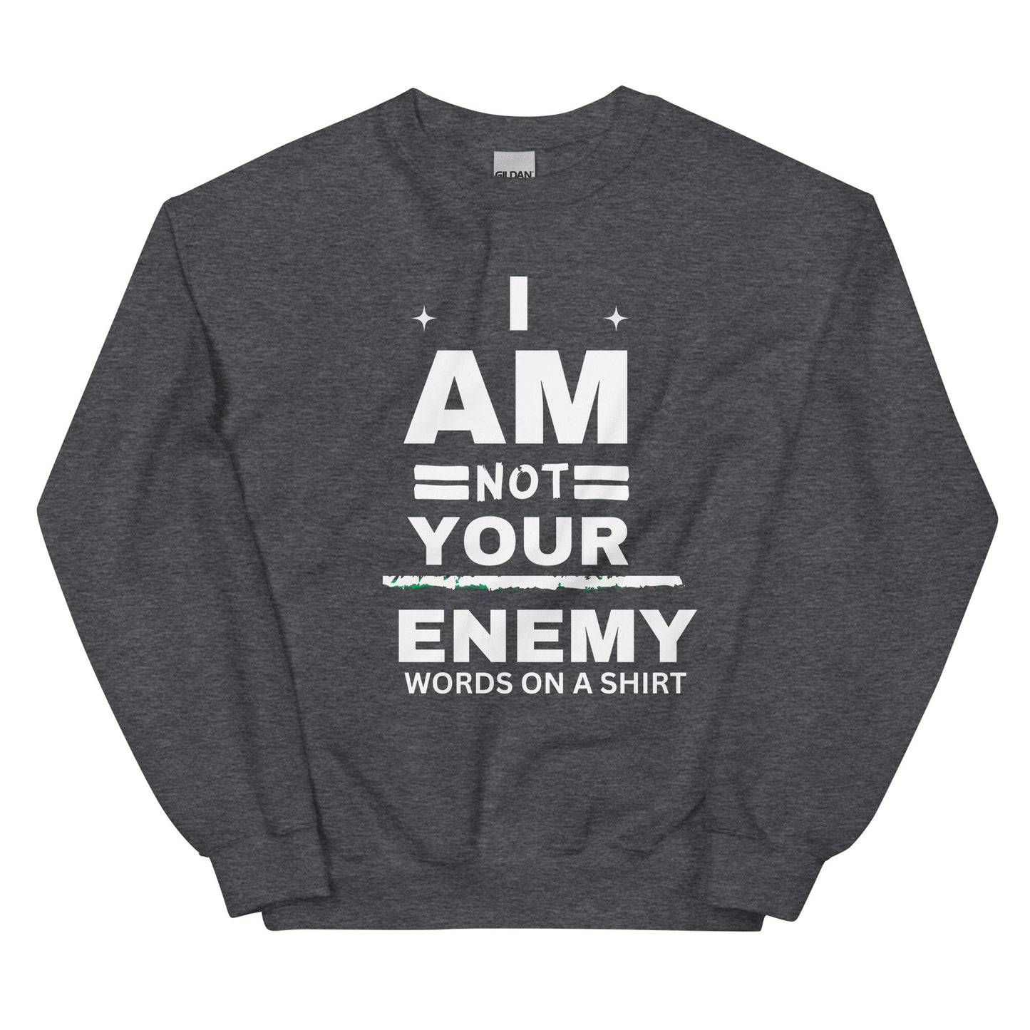 Keep snug and warm throughout the chilly season with this sturdy and cozy sweatshirt. Crafted with air-jet spun yarn for a plush feel and reduced pilling, this preshrunk sweatshirt boasts a timeless fit that's both snug and stylish. Embrace the lighthearted unity of the I Am Not Your Enemy-Unisex Sweatshirt!