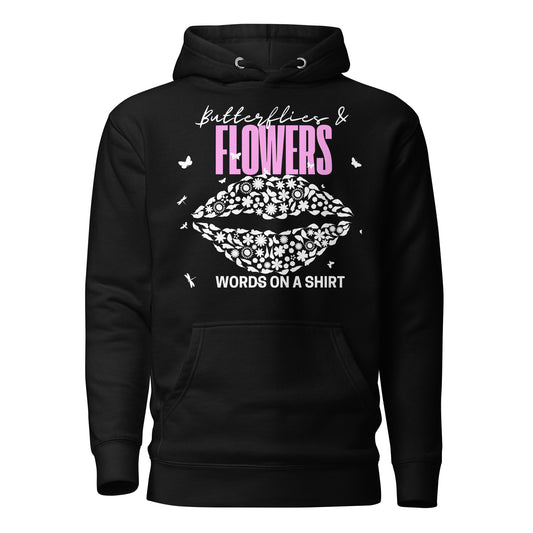 Get ready to conquer? This premium hoodie is made of top-notch cotton and features a cozy hood, complemented by drawstrings and a front pocket. Elevate your style with this cool hoodie adorned with Butterflies &amp; Flowers.