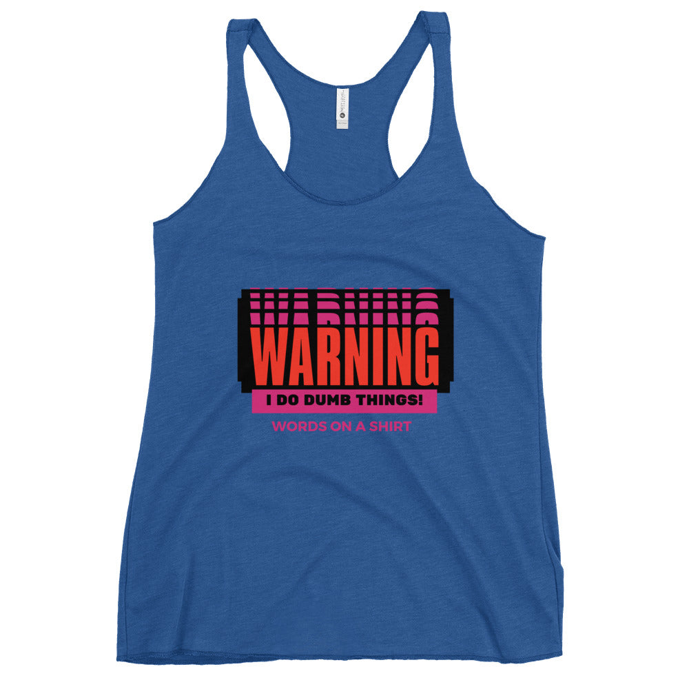 "Get ready to show off your playful personality with our Warning I Do Dumb Things racerback tank! Crafted with a soft, lightweight fabric and edgy raw edge seams, this tank offers a flattering fit that's perfect for any occasion. Don't be afraid to have a little fun and embrace your silly side!"