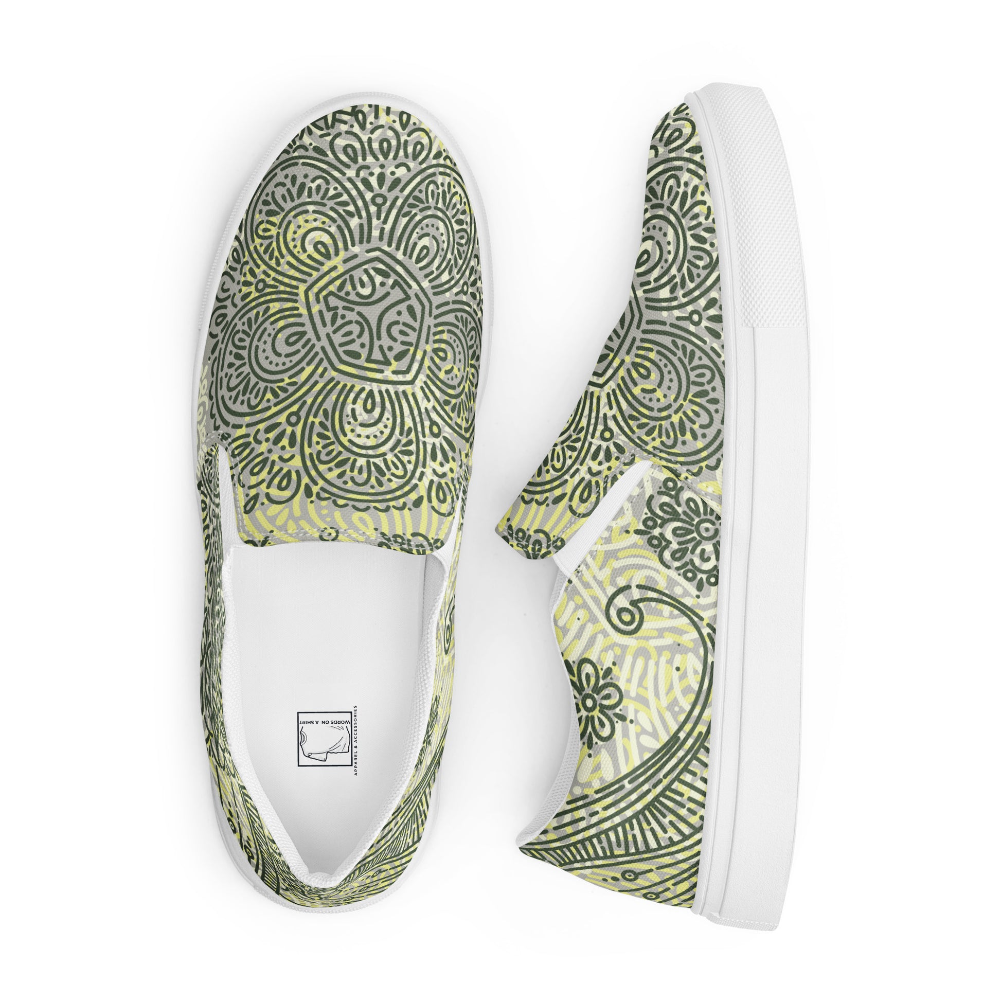 Comfort and style combine in these Women’s Slip-On Canvas Shoes, perfect for completing any outfit. With removable soft insoles and adjustable rubber outsoles, these Green Pasiley Sneakers By Words On A Shirt make sure you're always feeling your best.