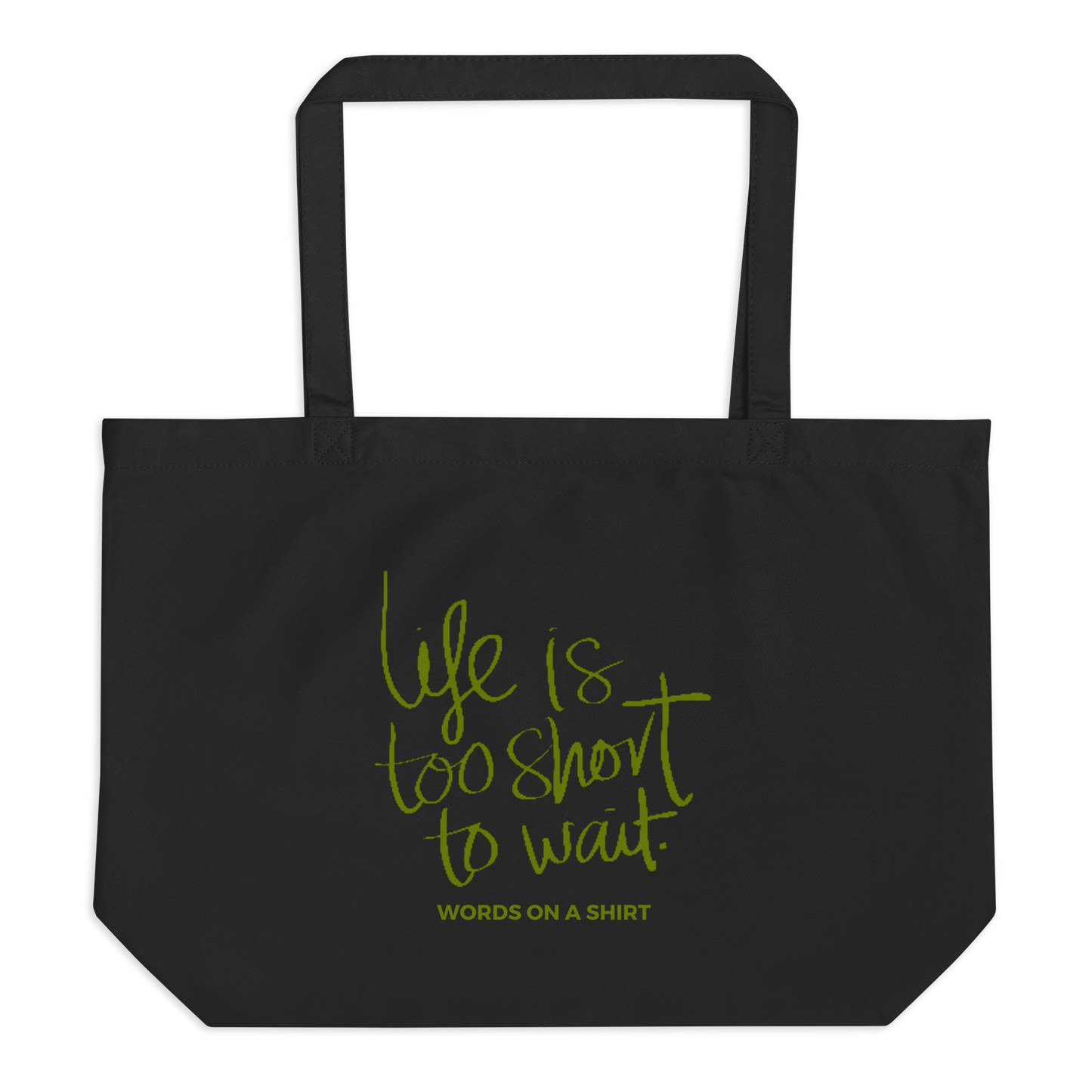 Take the risk and leave behind all plastic. Instead, use this large organic cotton tote bag to carry your groceries, books, and travel essentials. Let's fill it with our belongings and embark on an adventure, because life is too short to wait!