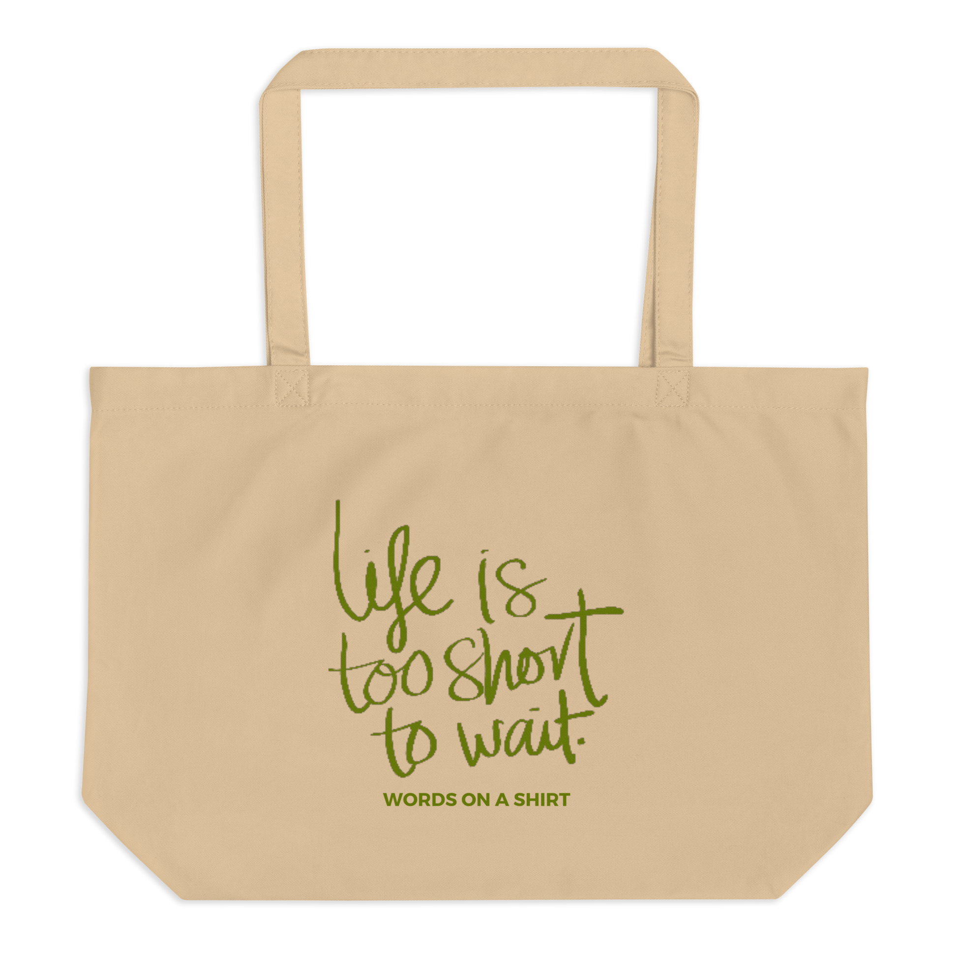 Take the risk and leave behind all plastic. Instead, use this large organic cotton tote bag to carry your groceries, books, and travel essentials. Let's fill it with our belongings and embark on an adventure, because life is too short to wait!